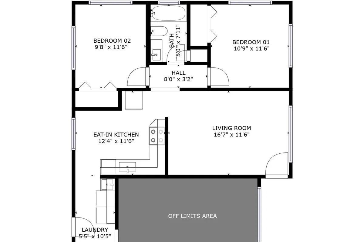 A wide-angle view that seamlessly connects the eat-in kitchen, living room, and bedrooms, emphasizing open-plan living. The space is filled with natural light, modern decor, and features such as a dining table and a spacious living area designed for both relaxation and family activities.