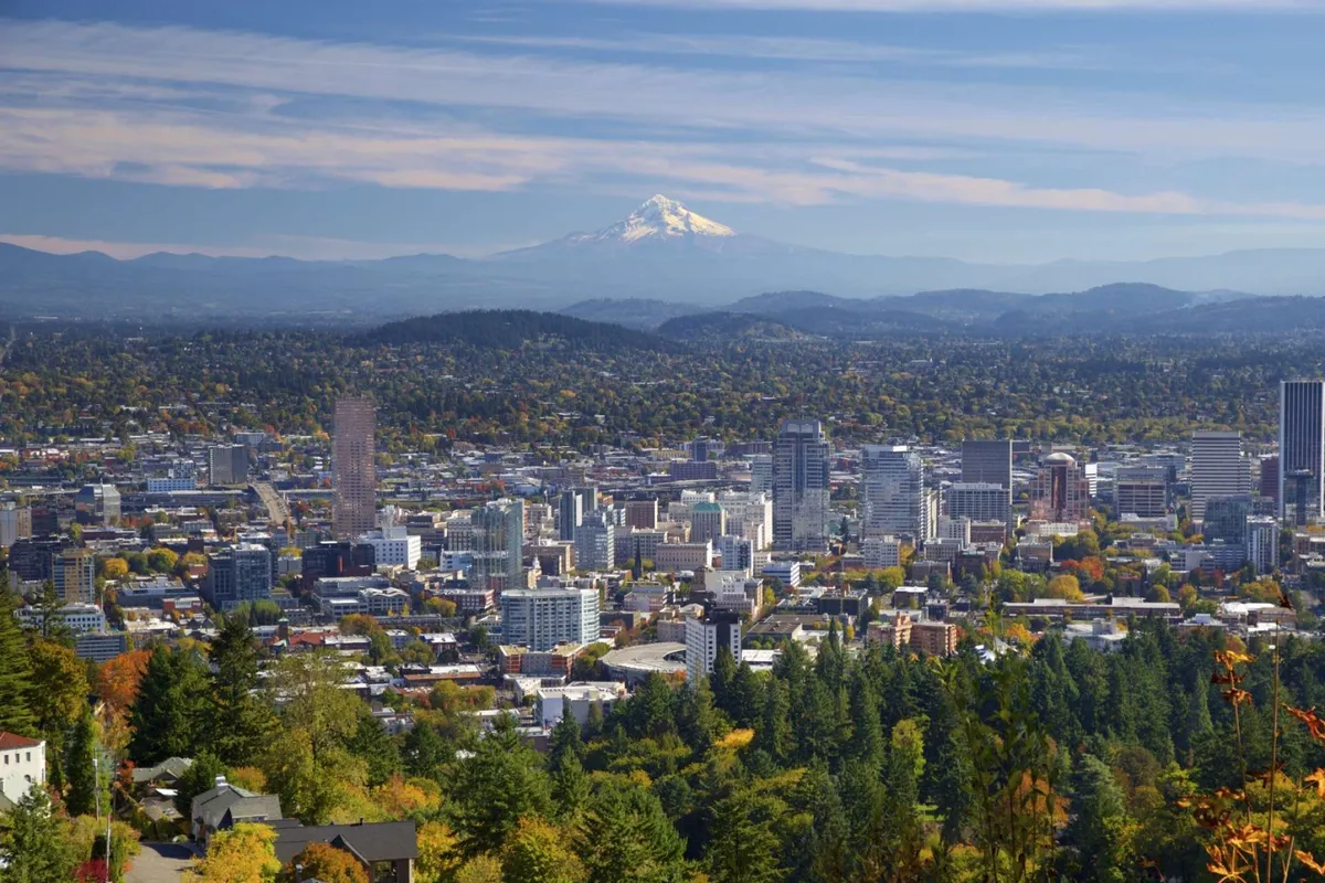 This image captures a panoramic view of downtown Hillsboro with Mount Hood in the distance, framed by lush greenery in the foreground. The vibrant scene suggests a mix of urban energy and natural beauty, hinting at local attractions and outdoor spaces near the property.
