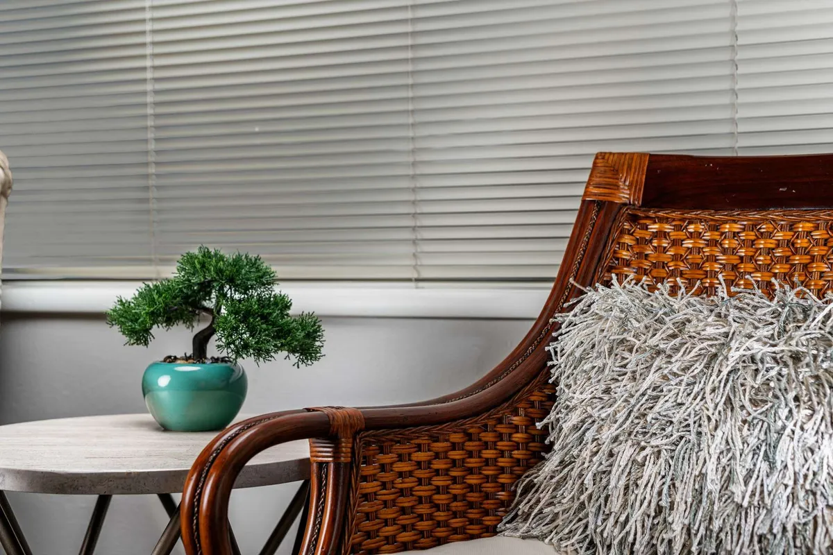 A tranquil corner featuring a wicker chair paired with a decorative plant and a textured pillow. The soft natural light and calming decor suggest a space suited for relaxation or focused reading, hinting at a peaceful retreat within the property.